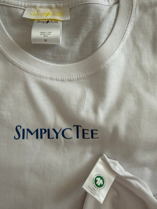 Simplicity Organic White T-Shirt with Blue Print