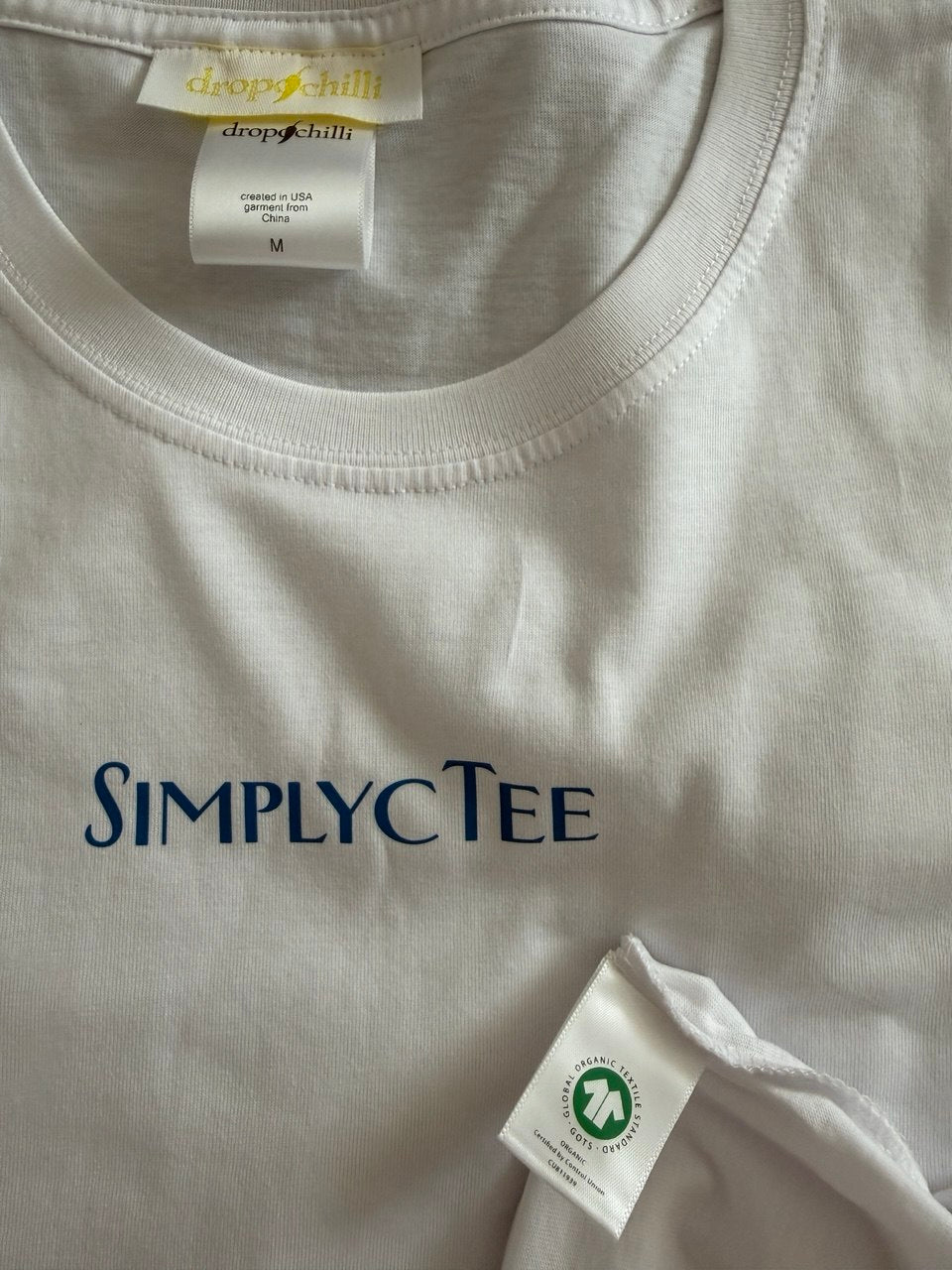 Simplicity Organic White T-Shirt with Blue Print